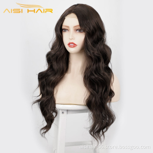 Aisi Hair Hot Selling Body Wave Wigs Expression Long Black Blonde Brown 26 Inch Synthetic For Women Lace Front Wigs
